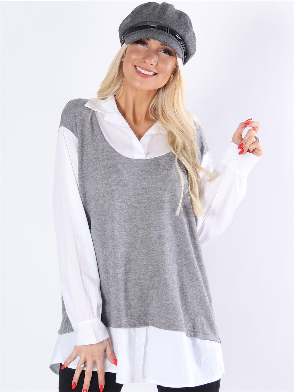 Tuva - Beigefarvet blød bluse med hvide skjortedetaljer